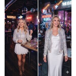 LOFT Silver Sequin Bomber Jacket XS Disco Bachelorette Club Night Out Metallic